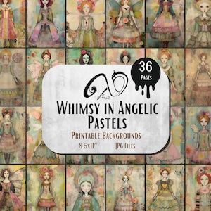Whimsy in Angelic Pastels, effimeri surreali unici, arte multimediale, materiali per scrapbooking stampabili, angeli stravaganti, sfondo stravagante
