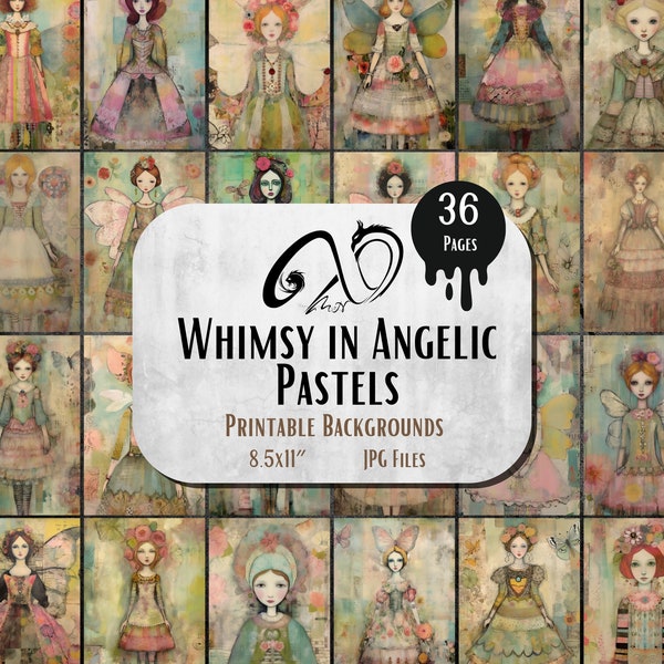 Whimsy in Angelic Pastels, unique surreal ephemera, mixed media art, printable scrapbooking supplies, Whimsical Angels, Whimsical Background