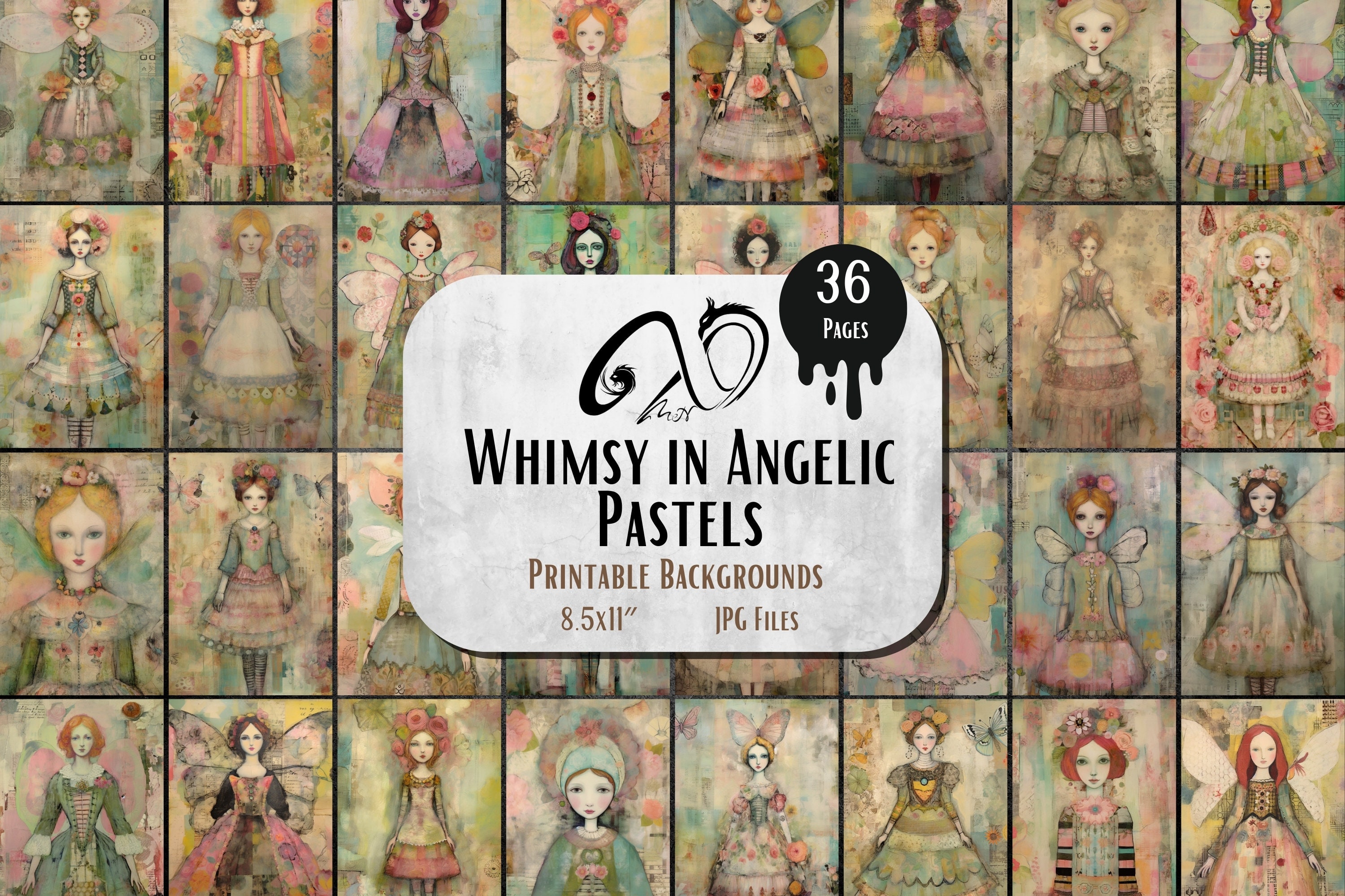 Whimsy in Angelic Pastels, unique surreal ephemera, mixed media art, printable scrapbooking supplies, Whimsical Angels, Whimsical Background