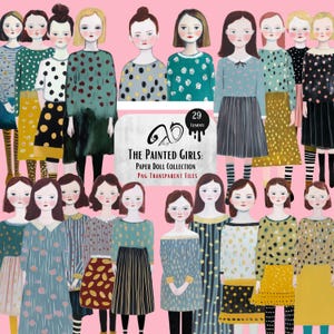 The Painted Girls: Paper Doll Collection, ephemera, mixed mediakunst, afdrukbare scrapbookingbenodigdheden, Whimsical Girls, eigenzinnig portret, png