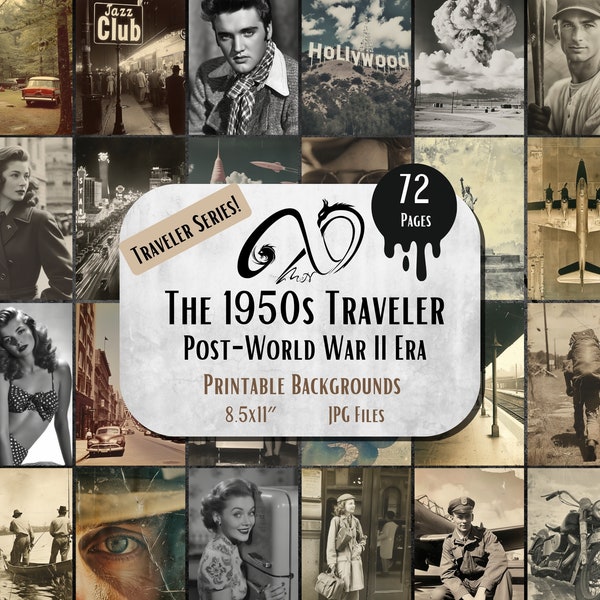 Traveler Series, The 1950's Traveler, digital junk journal ephemera printable antique photo, scrapbook kit collage sheet, Post-World War Era