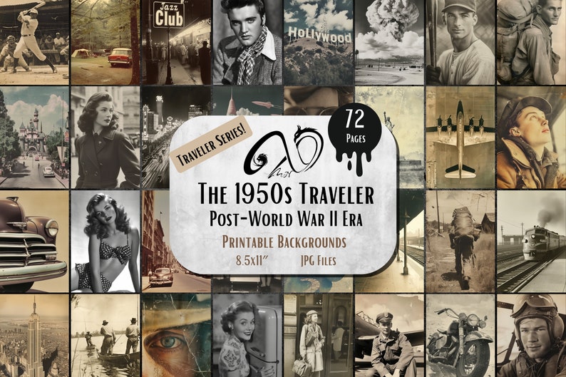 Może przedstawiać: Kolaż 72 obraz&oacute;w w stylu vintage, przedstawiający sceny z lat 50. XX wieku, w tym samochody, ludzi i krajobrazy. Tytuł "The 1950s Traveler Post-World War II Era" jest wyświetlany w stylu vintage. Obrazy mają rozmiar 8,5x11 cali i są w formacie JPG.