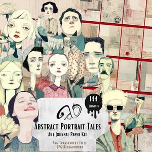 May include: An artistic collage featuring numerous stylized portraits with various expressions and attire. The image includes the text "Abstract Portrait Tales Art Journal Paper Kit" and "144 Elements". The color palette is muted with a mix of warm and cool tones.