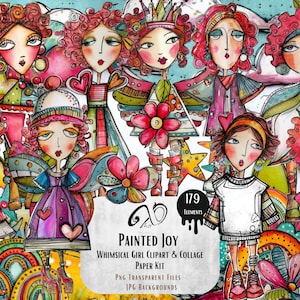 Pode incluir: Uma colagem de arte digital colorida com ilustrações de meninas caprichosas. A obra de arte inclui várias meninas com roupas, penteados e acessórios exclusivos. O texto "PAINTED JOY" e "WHIMSICAL GIRL CLIPART & COLLAGE PAPER KIT" é visível. A imagem contém 179 elementos.