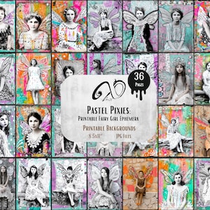 Pixies pastel : kit imprimable d'éphémères fée fille pour les journaux indésirables, l'art technique mixte et les projets de cliparts fantaisistes, impression en détresse