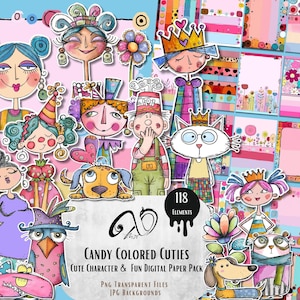 May include: A digital paper pack titled "Candy Colored Cuties" featuring whimsical illustrations of characters, animals, and decorative borders. The artwork includes colorful drawings of people, pets, and floral designs, with the text "118 Elements" and "PNG Transparent Files JPG Backgrounds".