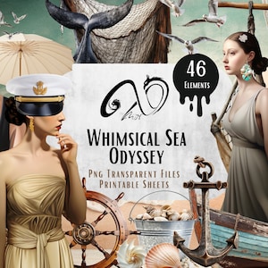 Whimsical Sea Odyssey, mixed media, printable scrapbooking supplies, Nautical, whimsy, surreal clipart, Seashells Clipart, ocean beach, Aqua