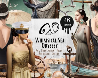 Whimsical Sea Odyssey, techniques mixtes, fournitures de scrapbooking imprimables, Nautique, fantaisie, clipart surréaliste, Seashells Clipart, plage océanique, Aqua