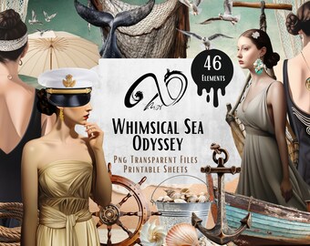 Nyckfull havsodyssé Clipart, nautiska flickor, scrapbookingtillbehör (digital nedladdning)