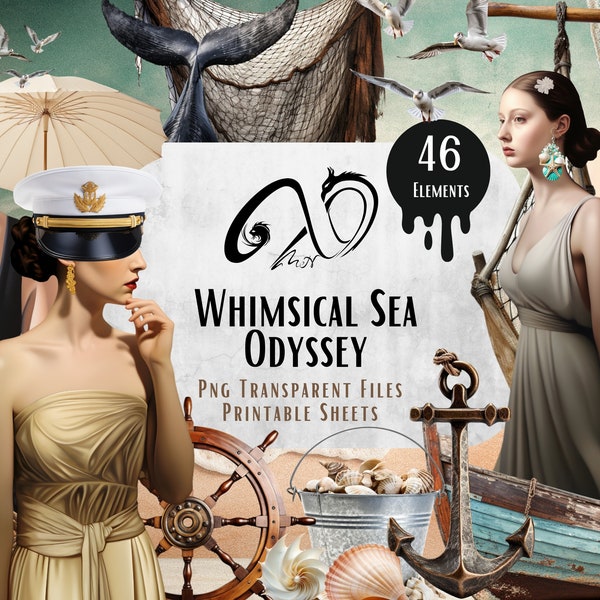 Whimsical Sea Odyssey, mixed media, printable scrapbooking supplies, Nautical, whimsy, surreal clipart, Seashells Clipart, ocean beach, Aqua