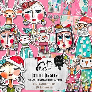 Jingles gioiosi: Clipart e carte natalizie stravaganti, scrapbooking di arte multimediale effimera, bambole di carta artistiche stampabili, Natale stravagante