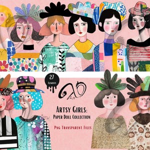 Artsy Girls: Collezione di bambole di carta, effimere, forniture per scrapbooking stampabili con tecniche miste, clipart stravaganti, bambole di carta artistiche