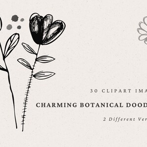 Może przedstawiać: Zestaw 30 czarno-białych obraz&oacute;w clipart z uroczymi botanicznymi bazgrołami. Obrazy zawierają kwiaty, liście i łodygi. Tekst "Charming Botanical Doodles" i "2 Different Versions" jest zawarty w obrazie.