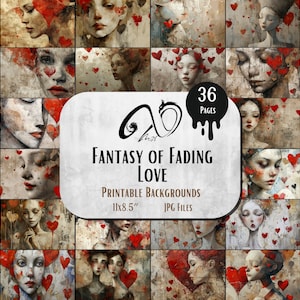 Fantasia di amore che svanisce, download digitale, diario spazzatura, collezione stampabile, stravagante, ragazza, carta stravagante, tecnica mista, San Valentino