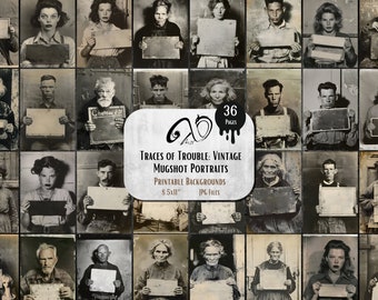 Traces of Trouble Vintage Mugshot Portraits, digital junk journal ephemera, printable antique photos, scrapbook kit, collage sheet, Prisoner