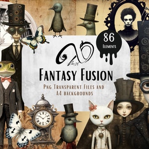 Fantasy Fusion - Steampunk, gotico, personaggi e carte di Halloween, download digitale, diario spazzatura, creazione di biglietti, diario, uso commerciale