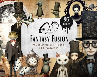 Fantasy Fusion - Steampunk, Gothic, Halloween Characters & Papers, Digital Download, Junk Journal, Card making, Journaling, Commercial Use