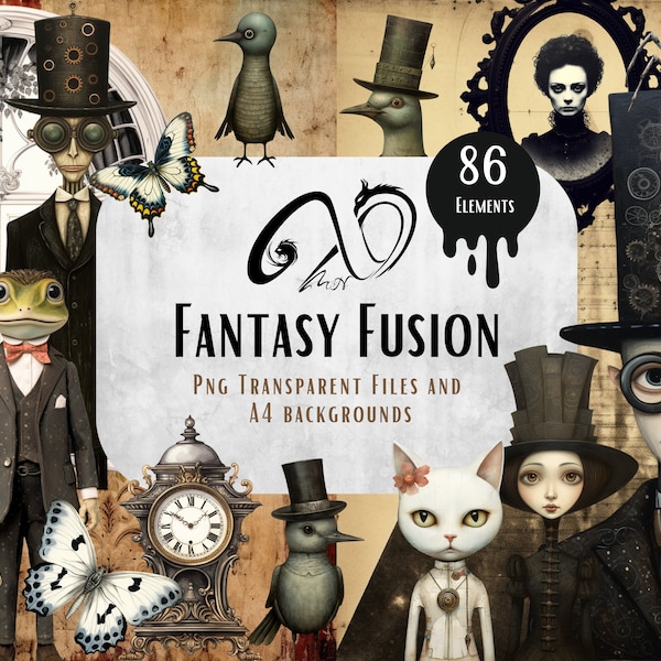 Fantasy Fusion - Steampunk, Gothique, Personnages et papiers d’Halloween, Téléchargement numérique, Junk Journal, Fabrication de cartes, Journalisation, Utilisation commerciale
