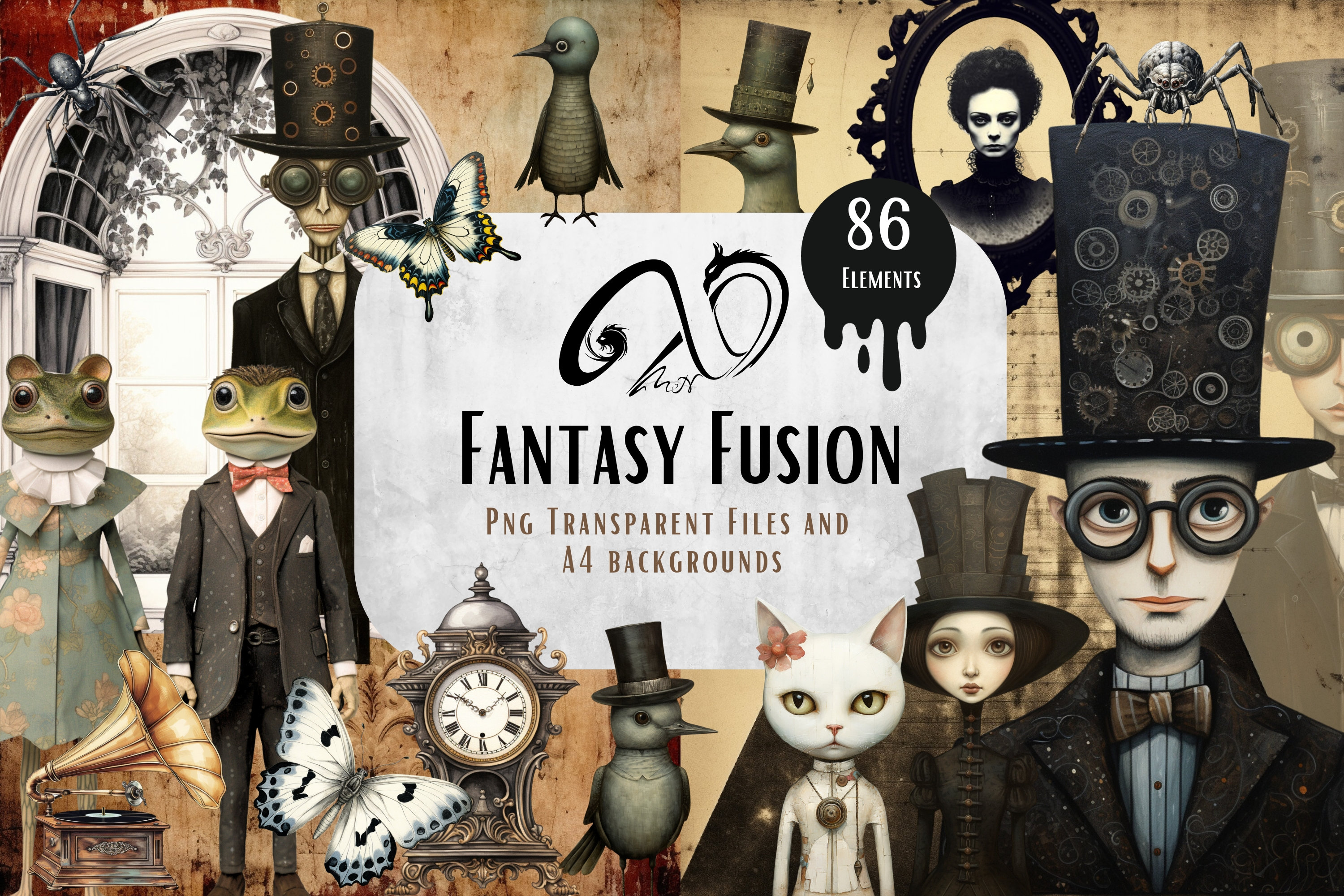 Fantasy Fusion - Steampunk, Gothic, Personagens e Papéis de Halloween, Download Digital, Diário de Lixo, Criação de Cartões, Diário, Uso Comercial