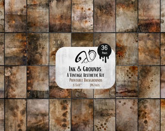 May include: A digital download of 36 printable backgrounds in a vintage aesthetic. The backgrounds are a mix of brown, beige, and white with a textured, aged look. The text "INK & GROUNDS: A VINTAGE AESTHETIC KIT" is displayed in the center of the image.