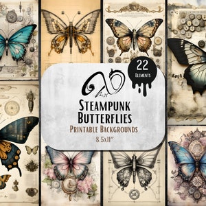 Arrière-plans mixtes de papillons steampunk, pages de journal papillons, papillon grunge/peintre, arrière-plan imprimable 22 papillons Jpeg