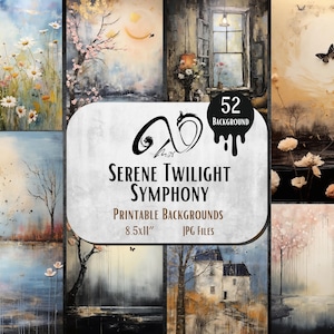 Sinfonía de crepúsculo sereno: paisaje de ensueño, papel, descarga digital, diario basura, imprimible, mariposas, pájaros, escena interior y exterior