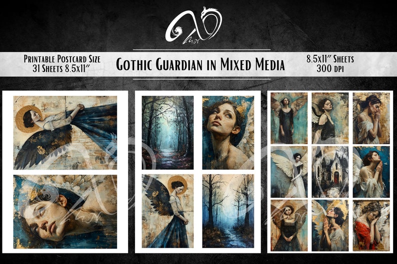 Gothic Guardian in Mixed Media, mixed media art, printable scrapbooking supplies, Gothic papers, angel wings, Junk Journal, Whimsical Paper image 5