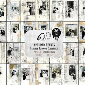 Corazones capturados: colección de romance atemporal, diario basura digital, efímera, fotos antiguas imprimibles, pareja, amor, álbum de recortes de bocetos vintage