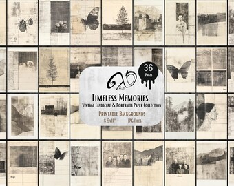 Può includere: Un collage di 36 sfondi stampabili in stile vintage con paesaggi, ritratti e disegni astratti. Gli sfondi sono in bianco e nero e hanno un aspetto usurato e invecchiato. Il testo "TIMELESS MEMORIES: VINTAGE LANDSCAPE & PORTRAITS PAPER COLLECTION" è visualizzato al centro dell'immagine.