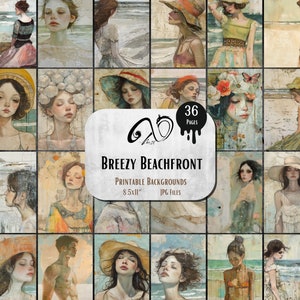 Breezy Beachfront, técnica mixta, álbum de recortes imprimible, fantasía, papel de fondo digital Sea Beach Fondo digital océano, mar, niña primaveral