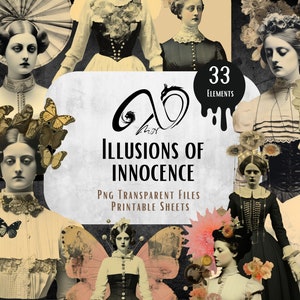 Collezione Illusions of Innocence, fogli stampabili, immagini vintage, adatte per collage, stravaganti, JPG, PNG, Junk Journal, download digitale