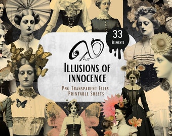 Illusions of Innocence Collection, Printable Sheets, Vintage Images, fit for Collage, Whimsical, JPG, PNG, Junk Journal, Digital Download