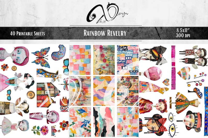 Rainbow Revelry, oggetti effimeri, arte multimediale mista, forniture per scrapbooking stampabili Whimsical Girls Whimsy Background Paper bambola PNG, Whimsy Clipart immagine 6