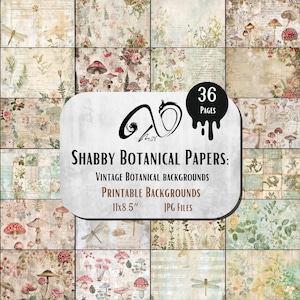 Papiers botaniques minables : arrière-plans botaniques vintage, technique mixte, feuille de collage, papier vieilli effet vieilli, lunatique, botanique numérique botanique