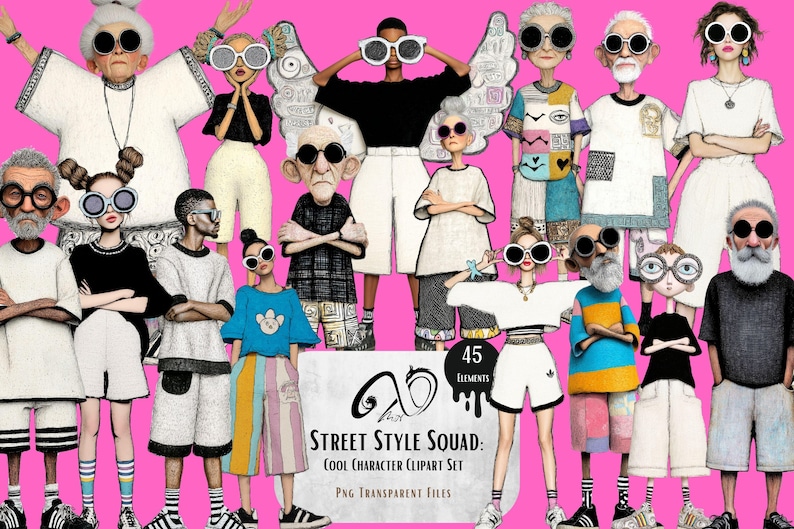 May include: A digital illustration of a street style squad, featuring 15 stylized characters in various outfits. The characters wear sunglasses and fashionable clothing. The image includes the text "Street Style Squad: Cool Character Clipart Set".