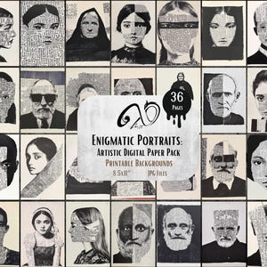 Ritratti enigmatici: raccolta di sfondi di ritratti, effimeri diari di spazzatura digitale, kit di album di foto antiche stampabili, foglio di collage Ink