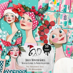 Jolly Winter Girls: Clipart e carta invernali, arte multimediale effimera, materiale per scrapbooking stampabile, bambola di carta con sfondo stravagante e stravagante