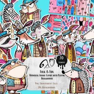 Folk & Fun : Clipart animaux lunatiques, arrière-plans ludiques, techniques mixtes éphémères, fournitures de scrapbooking imprimables, animaux folkloriques lunatiques, PNG