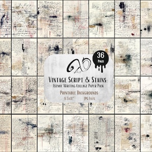 Op de afbeelding: Een collage van 36 pagina's met vintage script en vlekken, met een verscheidenheid aan texturen en kleuren. De pagina's zijn gerangschikt in een raster, met een centraal label met de tekst "Vintage Script & Stains: Asemic Writing Collage Paper Pack". De achtergronden zijn printbaar en meten 8,5x11 inch.