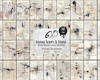 Vintage Asemic Writing Paper: Script Stains Collage, Junk Journals (Digital Download)