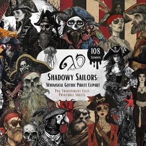 Shadowy Sailors Whimsical Clipart, effimera, arte multimediale mista, forniture per scrapbooking stampabili, pirati, stravagante, artigianato pirata, PNG gotico immagine 1