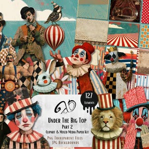 Puede incluir: Una colección de arte digital titulada Under The Big Top Part 2 que incluye 127 elementos como artistas de circo, payasos, un león, un conejo y un mono, junto con varios fondos estampados en tonos rojos, azules y blancos.