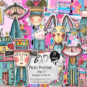Pastel speeltijd deel 2, grillige kit, efemere mixed media, afdrukbaar scrapbooking aanbod, grillige schets, eigenzinnige achtergrond papierpop