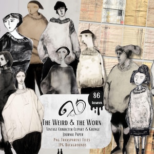 The Weird & the Worn: set surreale di clipart di figure bizzarre, carte vintage invecchiate, perfette per progetti multimediali di diari spazzatura, bambole di carta