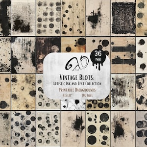 Vintage blots: artistieke inkt en tekst collectie achtergrond afdrukbare schrijfkunst collage vel papier voor junk journal plakboeken geïnkt papier