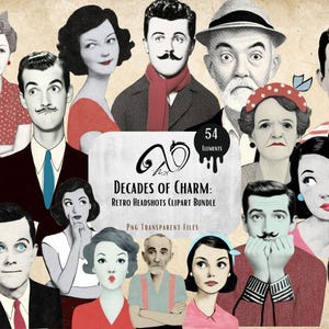 Decenni di fascino: raccolta di clipart di ritratti retrò, diari di ritratti vintage in formato PNG, collage artistici, tecniche miste, effimeri digitali, album di ritagli