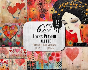 Love's Playful Palette, Digital Download, Junk Journal, Printable Sheets, Whimsical, Love, romantic Papers, Valentin Day, Couple, Heart