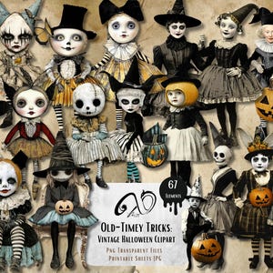 Trucchi d'altri tempi: Clipart di Halloween vintage, diario di spazzatura digitale, kit fai da te con taglio elaborato, bambole stampabili, kit di scrapbooking, foglio di collage, streghe, PNG