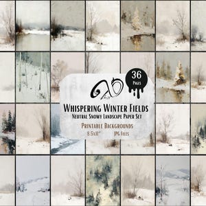 Puede incluir: Un conjunto de 36 fondos imprimibles de paisajes invernales. Las imágenes presentan escenas nevadas con árboles, ríos y campos en una paleta de colores neutros. El texto en la imagen dice "Whispering Winter Fields".
