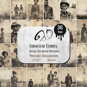 Farmstead Stories: ritratti vintage rovinati, diario digitale di spazzatura effimera, afroamericano stampabile, kit di scrapbooking, foglio di collage ATC